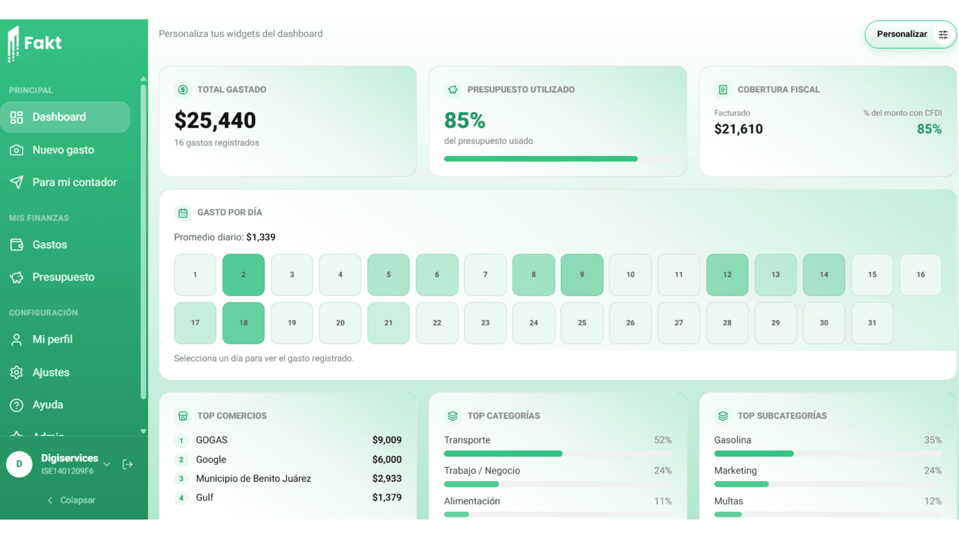 Pantalla de Fakt: Dashboard en computadora