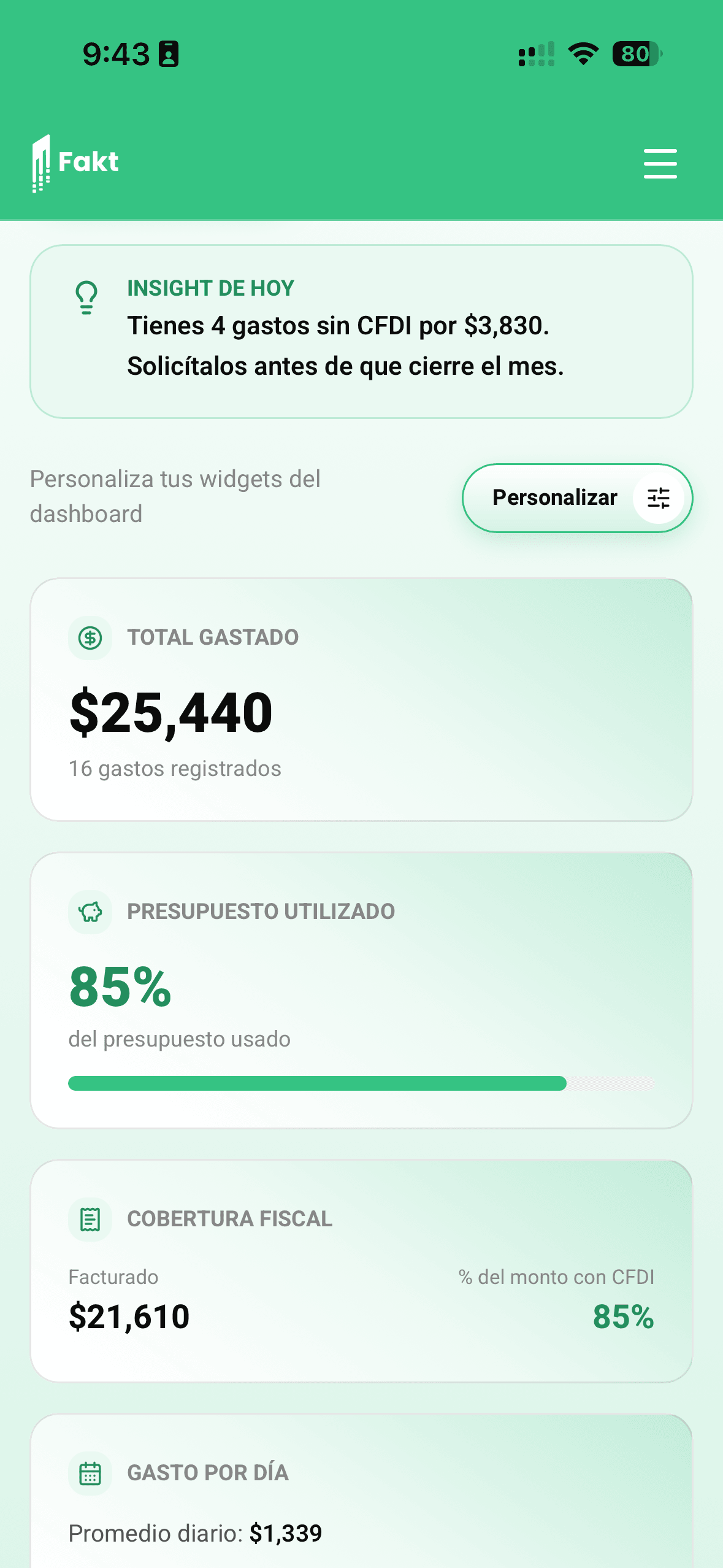 Pantalla de Fakt: Dashboard