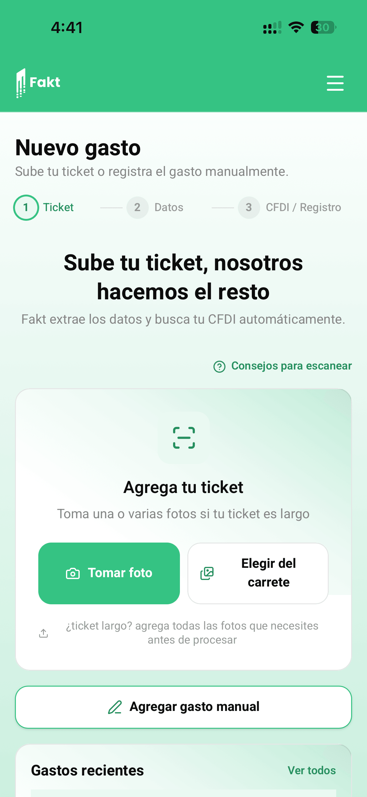 Pantalla de Fakt: Nuevo gasto
